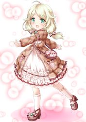 Rule 34 | 1girl, :d, ahoge, bag, blonde hair, blush, bow, brown bow, brown dress, brown footwear, dress, full body, green eyes, hair bow, high heels, highres, idolmaster, idolmaster cinderella girls, layered sleeves, long hair, long sleeves, looking at viewer, open mouth, outstretched arms, parted bangs, pink background, plaid, plaid dress, puffy short sleeves, puffy sleeves, regular mow, shoes, short over long sleeves, short sleeves, shoulder bag, smile, socks, solo, standing, standing on one leg, striped, striped bow, white socks, yusa kozue