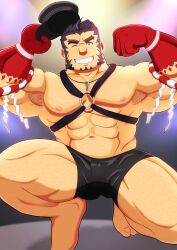 Rule 34 | 1boy, abs, absurdres, armpit stubble, back hair, bara, boxers, bulge, colored skin, double biceps pose, facial hair, flexing, forked eyebrows, fumiya 205, gluteal fold, goatee, gradient skin, grin, hachimaki, hairy, hat, headband, highres, jewelry, large pectorals, long sideburns, looking at viewer, magatama, magatama necklace, male focus, male underwear, mature male, muscular, muscular male, mutton chops, navel, navel hair, necklace, nejiri hachimaki, nipples, o-ring, o-ring top, one eye closed, peaked cap, pectorals, red skin, short hair, sideburns, smile, solo, sparse arm hair, sparse chest hair, sparse leg hair, sparse navel hair, squatting, stomach, strongman waist, tajikarao (housamo), thick eyebrows, thick thighs, thighs, tokyo houkago summoners, tusks, underwear