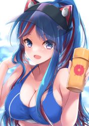 Rule 34 | 1girl, absurdres, bikini, blue eyes, blue hair, blurry, blurry background, blush, bottle, breasts, cleavage, dated, enemy lifebuoy (kancolle), hat, highres, holding, holding bottle, kantai collection, large breasts, long hair, looking at viewer, mashiro yukiya, official alternate costume, open mouth, ponytail, red hair, signature, simple background, solo, south dakota (kancolle), star (symbol), swimsuit, thermos, upper body, visor cap, white hair