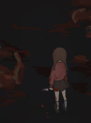 Rule 34 | 1girl, arms at sides, blood, blood on clothes, bloody knife, braid, brown footwear, brown hair, brown skirt, commentary request, corpse, facing away, from above, from behind, fucca, grey socks, holding, holding knife, kneehighs, knife, long hair, long sleeves, low twin braids, madotsuki, multiple others, murder, pink sweater, pool of blood, severed leg, severed limb, shoes, skirt, socks, solo focus, standing, sweater, twin braids, wide shot, yume nikki