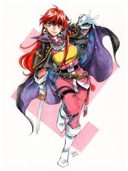 Rule 34 | 1990s (style), 1girl, armor, boots, cape, earrings, gloves, headband, highres, jewelry, knee boots, lina inverse, orange hair, pauldrons, red eyes, red hair, retro artstyle, sao (saowee), shoulder armor, slayers, solo, traditional media