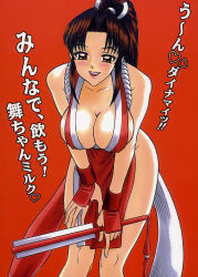 Rule 34 | 1girl, blush, breasts, brown eyes, brown hair, cleavage, covered erect nipples, fatal fury, female focus, fingerless gloves, gloves, half-closed eyes, hip focus, large breasts, legs, matching hair/eyes, naughty face, no bra, no panties, ponytail, red gloves, revealing clothes, seductive smile, shiranui mai, skindentation, smile, snk, snk heroines: tag team frenzy, solo, the king of fighters, thighs, translation request, wide hips