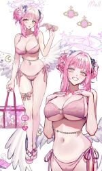 Rule 34 | 1girl, absurdres, angel wings, bag, bag charm, bikini, blue archive, breasts, charm (object), feathered wings, frilled ribbon, frills, gun, hair bun, halo, handbag, hello kitty, highres, jewelry, lanchester smg, large breasts, low wings, mell (dmwe3537), mika (blue archive), multiple views, o-ring, o-ring thigh strap, pink bikini, pink hair, pink halo, ribbon, sanrio, submachine gun, swimsuit, thigh strap, thighs, weapon, white wings, wing ornament, wings