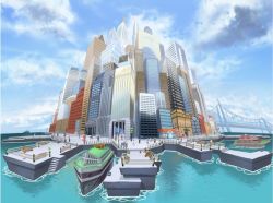 Rule 34 | 10s, building, city, cityscape, creatures (company), game freak, nintendo, official art, pokemon, pokemon bw, saitou naoki, ship, sky, skyscraper, watercraft