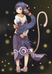 Rule 34 | 10s, 1girl, animal ears, ankle boots, arms behind back, bad id, bad pixiv id, black background, blue hair, boots, hair ornament, hair ribbon, kuon (utawarerumono), light particles, long hair, looking at viewer, looking back, low-tied long hair, own hands together, ribbon, smile, solo, tail, utawarerumono, utawarerumono: itsuwari no kamen, very long hair, xiaosan ye, yellow eyes