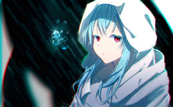 Rule 34 | 1other, androgynous, blue hair, blurry, blurry foreground, chromatic aberration, cloak, closed mouth, floating, floating object, hair between eyes, highres, hood, hood up, hooded cloak, long hair, looking at viewer, raphael (tensei shitara slime datta ken), red eyes, rimuru tempest, ryuusei (kk22922332), simple background, slit pupils, solo, tensei shitara slime datta ken, white cloak