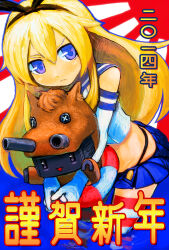 Rule 34 | 1girl, 2014, :&lt;, animal costume, black panties, blonde hair, blue eyes, blue skirt, chinese zodiac, commentary request, crop top, elbow gloves, gloves, hairband, happy new year, highleg, highleg panties, horse costume, kantai collection, long hair, looking at viewer, microskirt, nengajou, new year, okina, panties, pleated skirt, rensouhou-chan, rising sun flag, sailor collar, shimakaze (kancolle), skirt, striped clothes, striped thighhighs, sunburst, thighhighs, underwear, wading, water, white gloves, year of the horse