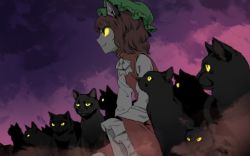 Rule 34 | 1girl, animal ears, black cat, bow, bowtie, brown hair, cat, cat ears, chen, colored sclera, dark, frilled hat, frilled skirt, frills, from side, glowing, glowing eyes, green hat, hat, long sleeves, looking afar, meimaru inuchiyo, mob cap, purple sky, red skirt, red vest, skirt, sky, smile, too many, too many cats, touhou, vest, white bow, white bowtie, yellow sclera