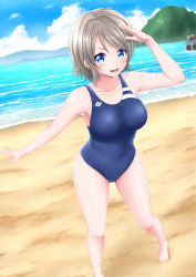Rule 34 | 1girl, absurdres, barefoot, beach, blue eyes, blue sky, blue one-piece swimsuit, breasts, cloud, collarbone, commentary request, competition swimsuit, day, full body, grey hair, highres, horizon, looking at viewer, love live!, love live! sunshine!!, medium breasts, mountain, ocean, one-piece swimsuit, oosato haya, outdoors, salute, sand, short hair, sky, solo, standing, swimsuit, watanabe you