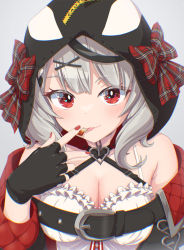 Rule 34 | animal hood, bow, breasts, cleavage, cxe, food in mouth, grey background, grey hair, highres, hololive, hood, looking at viewer, nail polish, orca hood, red eyes, sakamata chloe, solo, virtual youtuber