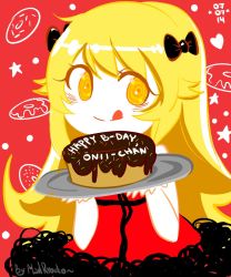 Rule 34 | 1girl, :q, artist name, black bow, blonde hair, blush, bow, cake, doughnut, dress, food, hair bow, happy birthday, highres, holding tray, jpeg artifacts, long hair, looking at viewer, mad ryouko, monogatari (series), oshino shinobu, plate, red background, red dress, simple background, solo, tongue, tongue out, tray, yellow eyes