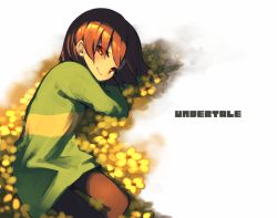Rule 34 | 1other, androgynous, bad id, bad pixiv id, blush, brown hair, chara (undertale), closed mouth, looking at viewer, oshiruko (tsume), shirt, short hair, smile, solo, striped clothes, striped shirt, undertale