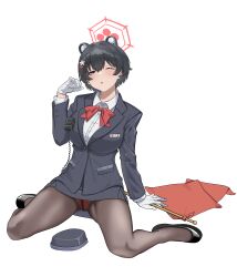 Rule 34 | 1girl, absurdres, animal ears, black hair, black pantyhose, blue archive, blue shirt, blue skirt, bow, bowtie, breasts, collared shirt, commentary request, extra ears, flag, flower, garrison cap, gloves, grey hair, hair flower, hair ornament, half-closed eye, halo, hand up, hat, highres, holding, holding flag, large breasts, long sleeves, looking at viewer, official alternate costume, one eye closed, open mouth, orange panties, panties, pantyhose, pantyshot, raccoon ears, red bow, red bowtie, red halo, shirt, short hair, simple background, sitting, skirt, solo, tifuibe, tsubaki (blue archive), tsubaki (guide) (blue archive), underwear, unworn headwear, walkie-talkie, wariza, white background, white gloves, white shirt