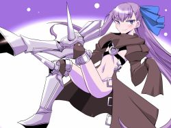 Rule 34 | 1girl, commentary request, cropped jacket, fate/extra, fate/extra ccc, fate (series), flat chest, hair ribbon, knee spikes, long hair, looking at viewer, meltryllis (fate), navel, prosthesis, prosthetic leg, purple eyes, purple hair, ribbon, sako (bosscoffee), sitting, sleeves past wrists, smile, solo, spikes