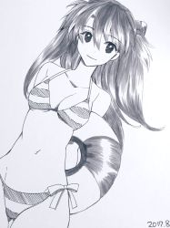 Rule 34 | 1girl, bikini, breasts, dated, hair ornament, happy, interface headset, long hair, looking at viewer, medium breasts, monochrome, n0lilica, navel, neon genesis evangelion, side-tie bikini bottom, simple background, solo, souryuu asuka langley, striped bikini, striped clothes, swimsuit, two side up, upper body, very long hair