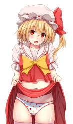 Rule 34 | 1girl, :d, blonde hair, blush, bow, bowtie, cameltoe, clothes lift, collarbone, cowboy shot, ebi 193, fang, flandre scarlet, frilled shirt collar, frills, gluteal fold, hat, hat bow, lifted by self, looking at viewer, mob cap, navel, open mouth, panties, polka dot, polka dot panties, puffy short sleeves, puffy sleeves, red bow, red eyes, red shirt, red skirt, shirt, short sleeves, side ponytail, simple background, skindentation, skirt, skirt lift, skirt set, smile, solo, striped clothes, striped thighhighs, thighhighs, touhou, underwear, white background, yellow bow, yellow bowtie