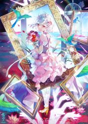 Rule 34 | 1girl, bad id, bad twitter id, bare shoulders, bird, birdcage, blush, bouquet, breasts, cage, dress, emoillu, fate/grand order, fate (series), flower, hair ribbon, high heels, highres, kama (fate), lily (flower), looking at viewer, looking back, parrot, picture frame, pillar, pink dress, red eyes, revision, ribbon, rose, short hair, sky, small breasts, smile, solo, space, star (sky), starry sky, water, white hair