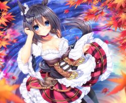 Rule 34 | 1girl, animal ears, autumn leaves, black hair, black pantyhose, blue bow, blue eyes, blurry, blurry foreground, blush, bow, breasts, cleavage, closed mouth, commentary request, depth of field, detached sleeves, dirndl, dutch angle, eishin flash (umamusume), frilled skirt, frills, german clothes, hair between eyes, hair bow, horse ears, horse girl, horse tail, large breasts, leaf, long sleeves, looking at viewer, maple leaf, o-ring, pantyhose, red skirt, ribbon, shirt, short hair, skirt, skirt hold, sleeveless, sleeveless shirt, sleeves past wrists, smile, solo, standing, striped bow, striped clothes, striped skirt, tail, umamusume, underbust, vertical-striped clothes, vertical-striped skirt, water, white ribbon, white shirt, wide sleeves, yunagi amane