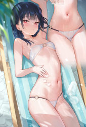 Rule 34 | 1girl, arm up, armpits, bikini, black hair, blush, breasts, cleavage, commentary, commentary request, cowboy shot, cup, hair ornament, hairclip, highres, ice, ice cube, ichigo-chan (mignon), looking at viewer, lying, mignon, multiple views, navel, o-ring, o-ring bikini, original, outdoors, parted lips, red eyes, short hair, small breasts, swimsuit, thighs, white bikini