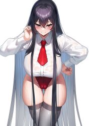 Rule 34 | 1girl, absurdres, black thighhighs, blush, breasts, closed mouth, collared shirt, commentary request, gluteal fold, highleg, highleg leotard, highres, large breasts, leaning forward, leotard, long hair, long sleeves, looking at viewer, necktie, original, red eyes, red leotard, red necktie, shirt, simple background, smile, solo, thigh gap, thighhighs, thighs, white background, white shirt, yamanokami eaka