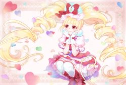 Rule 34 | 10s, 1girl, aisaki emiru, ankle boots, blonde hair, blunt bangs, boots, bow, closed mouth, cure macherie, curly hair, dress, frills, full body, glove bow, gloves, hair bow, heart, highres, hugtto! precure, layered dress, long hair, looking to the side, magical girl, precure, puffy sleeves, red bow, red eyes, red footwear, shipu (gassyumaron), smile, solo, squatting, thighhighs, twintails, white gloves, white thighhighs