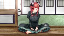 Rule 34 | 1girl, absurdres, animal ears, barefoot, bow, braid, breasts, cat ears, dress, extra ears, hair bow, highres, indian style, indoors, kaenbyou rin, large breasts, long hair, long sleeves, nail polish, no tail, red eyes, red hair, red nails, sitting, sliding doors, smile, solo, sugar you, toenail polish, toenails, touhou, twin braids