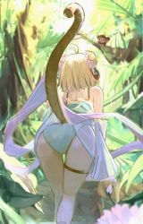 Rule 34 | 1girl, absurdres, andira (granblue fantasy), antenna hair, ass, bare shoulders, bent over, blonde hair, blue one-piece swimsuit, detached sleeves, double bun, facing away, feet out of frame, forest, from behind, granblue fantasy, hair bun, highres, long sleeves, medium hair, monkey, monkey tail, nature, one-piece swimsuit, shiro wa (shiroshironix), solo, swimsuit, tail, thigh gap, thigh strap