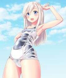 Rule 34 | 1girl, absurdres, alternate skin color, blonde hair, blue eyes, blue one-piece swimsuit, blue sky, breasts, cameltoe, cloud, cowboy shot, day, from below, highres, kantai collection, layered swimsuit, long hair, old school swimsuit, one-piece swimsuit, outdoors, ro-500 (kancolle), school swimsuit, sky, small breasts, solo, standing, swimsuit, takafumi