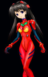 Rule 34 | 1girl, arms at sides, black background, black hair, blue eyes, bodysuit, bracer, breasts, cosplay, full body, gloves, hair tie, hayasaka tsukasa, head tilt, headgear, highres, hip focus, legs together, long hair, looking at viewer, neon genesis evangelion, parted lips, pilot suit, plugsuit, simple background, skinny, small breasts, solo, souryuu asuka langley, souryuu asuka langley (cosplay), standing, straight hair, sumadera yukio, tenshi no inai 12-gatsu, thigh gap, turtleneck, twintails