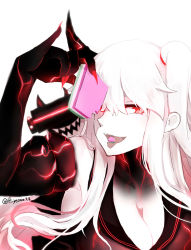 Rule 34 | 1girl, abyssal ship, aircraft carrier princess, black gloves, black serafuku, breasts, cleavage, collarbone, eating, gloves, glowing, hi ye, highres, hishimochi, kantai collection, large breasts, long hair, looking at viewer, one side up, open mouth, pale skin, red eyes, sailor collar, school uniform, serafuku, simple background, solo, tongue, tongue out, twitter username, veins, white background, white hair