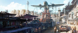 Rule 34 | aircraft, airplane, car, day, dog, highres, motor vehicle, multiple boys, noba, outdoors, scenery, street fighter, town