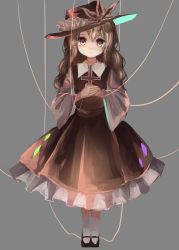 Rule 34 | absurdres, black footwear, blonde hair, brown eyes, brown hat, brown skirt, brown vest, closed mouth, collared shirt, commentary request, cross, flower hat, frilled hat, frilled skirt, frills, grey background, hat, highres, holding, holding cross, ijen (ljenejl), jacket girl (dipp), long hair, long skirt, long sleeves, looking at viewer, mary janes, red neckwear, red ribbon, ribbon, shirt, shoes, skirt, socks, string, touhou, vest, wavy hair, white shirt, white socks, wide sleeves