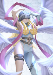Rule 34 | 1girl, absurdres, angewomon, asymmetrical clothes, belt, blonde hair, bodysuit, breasts, covered eyes, digimon, digimon adventure, elbow gloves, etzelin, feathered wings, gloves, head wings, helmet, highres, long hair, multiple belts, multiple wings, single elbow glove, single pantsleg, skin tight, smile, solo, thick thighs, thigh strap, thighs, white bodysuit, white gloves, white wings, wings, wrist wings