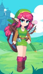 Rule 34 | 1girl, arrow (projectile), belt, blue eyes, boomerang, boots, bow (weapon), breasts, castle, cleavage, cloud, dress, genderswap, genderswap (mtf), grass, hat, highres, holding, holding sword, holding weapon, jewelry, ladder, link, link (shounen captain), long sleeves, looking at viewer, medium breasts, minimilieu, necklace, nintendo, outdoors, pixel art, red hair, short dress, solo, sword, the legend of zelda, the legend of zelda (nes), thick eyebrows, wand, weapon