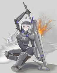 Rule 34 | 1girl, absurdres, alternate costume, armor, doll joints, explosion, forehead protector, grey hair, highres, holding, holding polearm, holding weapon, joints, mechanical parts, mo geng, orange eyes, polearm, ponytail, punishing: gray raven, rosetta (punishing: gray raven), sidelocks, solo, weapon