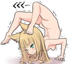 Rule 34 | 1girl, animal ears, ass, balancing, barefoot, blonde hair, breasts, closed mouth, contortion, flexible, green eyes, handstand, hanging breasts, konarofu, long hair, motion lines, no nipples, nude, original, petite, plantar flexion, simple background, small breasts, smile, solo, sweatdrop, trembling, white background