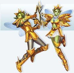 Rule 34 | 1boy, 1girl, aidia, armor, colored skin, eternal chaos, fairy, gold armor, green skin, lowres, mmo, pointy ears, wings