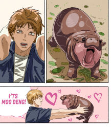 1boy animal blonde_hair chainsaw_man denji_(chainsaw_man) english_text heart highres hippopotamus inigoiio moo_deng open_mouth outstretched_arms real_life red_eyes scene_reference sharp_teeth smile speech_bubble teeth