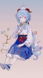 Rule 34 | 1girl, absurdres, ahoge, blue hair, blue skirt, chinese clothes, covering own mouth, flower, ganyu (genshin impact), genshin impact, highres, holding, holding flower, horns, long hair, looking at viewer, purple eyes, qingxin flower, qingxin gua yu, sidelocks, sitting, skirt, solo, white flower