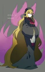 Rule 34 | 1girl, artist name, black dress, black headwear, blonde hair, closed mouth, dated, dress, full body, grey background, hair between eyes, hands in opposite sleeves, highres, junko (touhou), long hair, namauni, one-hour drawing challenge, phoenix crown, red eyes, simple background, sleeves past fingers, sleeves past wrists, smile, solo, tabard, touhou, wide sleeves