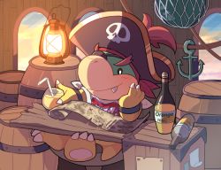 Rule 34 | 1boy, alternate costume, anchor, barrel, black hat, bottle, bowser jr., bracelet, crossed legs, dot eyes, drinking straw, eyepatch, hand on head, hat, hoshikuzu pan, indoors, jewelry, juice, koopa, lantern, map, mario (series), net, nintendo, orange juice, pirate, pirate hat, pirate ship, red hair, red hat, smile, solo, super mario bros. 1