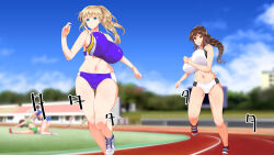 Rule 34 | 6+girls, blonde hair, blue eyes, blurry, blurry background, blush, bouncing breasts, braid, breasts, brown hair, cloud, day, exercising, feet, female focus, full body, groin, high ponytail, highres, huge breasts, legs, long hair, multiple girls, navel, original, outdoors, pants, raidon, red eyes, rikujoubu joshi wa ore no nama onaho!!!, running, serious, shoes, single braid, sitting, sky, sneakers, sound effects, stretching, thighs, track and field, track pants, track uniform