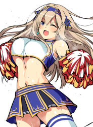 Rule 34 | 1girl, ;d, armpit crease, bare shoulders, blonde hair, blue eyes, blue ribbon, blue skirt, blush, brave girl ravens, breasts, breath, cheerleader, crop top, earrings, hair between eyes, hair ribbon, hairband, holding, holding pom poms, horosuke, jewelry, kairi (brave girl ravens), large breasts, legs up, long hair, looking at viewer, midriff, miniskirt, motion lines, navel, one eye closed, open mouth, pom pom (cheerleading), pom poms, ribbon, shirt, sidelocks, simple background, skirt, sleeveless, sleeveless shirt, smile, solo, sweat, thighhighs, underboob, white background, white shirt, white thighhighs, zettai ryouiki