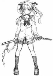 Rule 34 | 1girl, bow, breasts, closed mouth, facial mark, facing viewer, female focus, floating hair, full body, fuyumoe makomo, genderswap, genderswap (mtf), hair ornament, hair ribbon, hair tie, happy, highschool of the dead, holding, holding sword, holding weapon, jacket, katana, long hair, long sleeves, looking at viewer, lowres, medium breasts, monochrome, naruko (naruto), naruto, naruto (series), ribbon, scabbard, school uniform, sheath, sheathed, shirt, shoes, sketch, skirt, smile, socks, solo, standing, sword, twintails, uzumaki naruto, weapon, whisker markings, whiskers, white background
