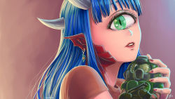 Rule 34 | 1girl, backlighting, blue hair, cacodemon, character doll, chibi, close-up, colored skin, commentary, cyclops, demon girl, demon horns, doom (2016), doom (series), doomguy, english commentary, eyelashes, green eyes, highres, horns, hugging doll, hugging object, lips, lipstick, long hair, looking at viewer, makeup, nail polish, one-eyed, personification, pink background, pink skin, pointy ears, portrait, scales, shirt, slit pupils, solo, substance20, t-shirt