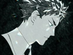 Rule 34 | 1boy, akaashi keiji, black background, black hair, black necktie, chengongzi123, closed mouth, collared shirt, commentary request, crystal hair, green eyes, haikyuu!!, highres, houseki no kuni, looking to the side, male focus, necktie, portrait, refraction, shirt, short hair, simple background, very short hair