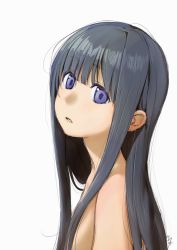 Rule 34 | 1girl, black hair, blunt bangs, commentary request, copyright request, from side, hair over breasts, head tilt, kawai makoto, long hair, looking at viewer, looking to the side, messy hair, nude, parted lips, purple eyes, signature, simple background, solo, upper body, white background