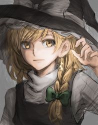 Rule 34 | 1girl, blonde hair, bow, braid, earrings, expressionless, gradient background, grey background, hair bow, hand up, hat, hat ribbon, high collar, jewelry, kirisame marisa, long hair, looking at viewer, nip to chip, ribbon, short sleeves, single braid, single earring, sketch, solo, touhou, upper body, witch hat, yellow eyes
