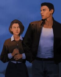 Rule 34 | 1boy, 1girl, alternate costume, belt, blue background, blue pants, brown jacket, brown shirt, brown sleeves, chris redfield, closed mouth, hand in pocket, highres, jacket, jill valentine, looking at another, pants, resident evil, shirt, short hair, simple background, standing, todd1e1, upper body, white shirt