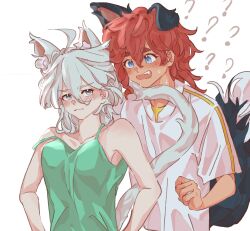 Rule 34 | 2girls, ?, ??, animal ears, bare arms, blue eyes, blush, camisole, cat ears, cat girl, cat tail, commentary, dog ears, dog girl, dog tail, fang, green camisole, grey eyes, gundam, gundam suisei no majo, highres, kemonomimi mode, long hair, miorine rembran, multiple girls, open mouth, red hair, selayiss, shirt, short sleeves, simple background, strap slip, suletta mercury, sweat, tail, tail on face, upper body, white background, white hair, white shirt, yuri